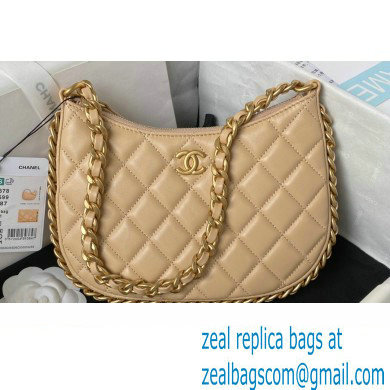 Chanel Shiny Crumpled Lambskin & Gold-Tone Metal Hobo Handbag AS4378 Beige 2023
